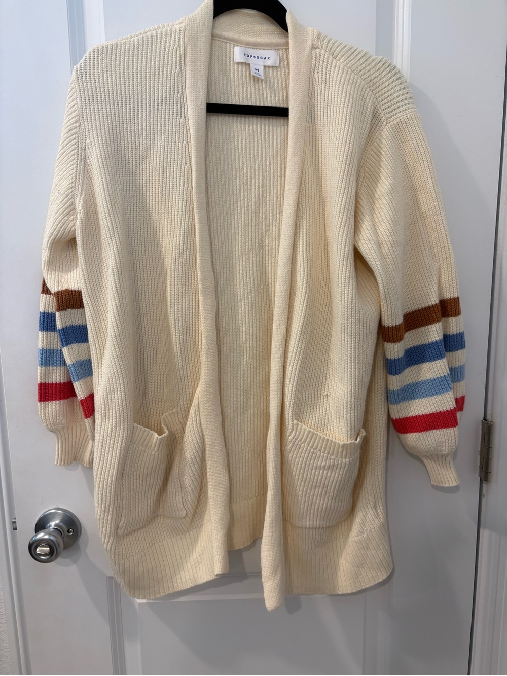 POPSUGAR Cream Open-Front Cardigan with Multicolor Striped Sleeves